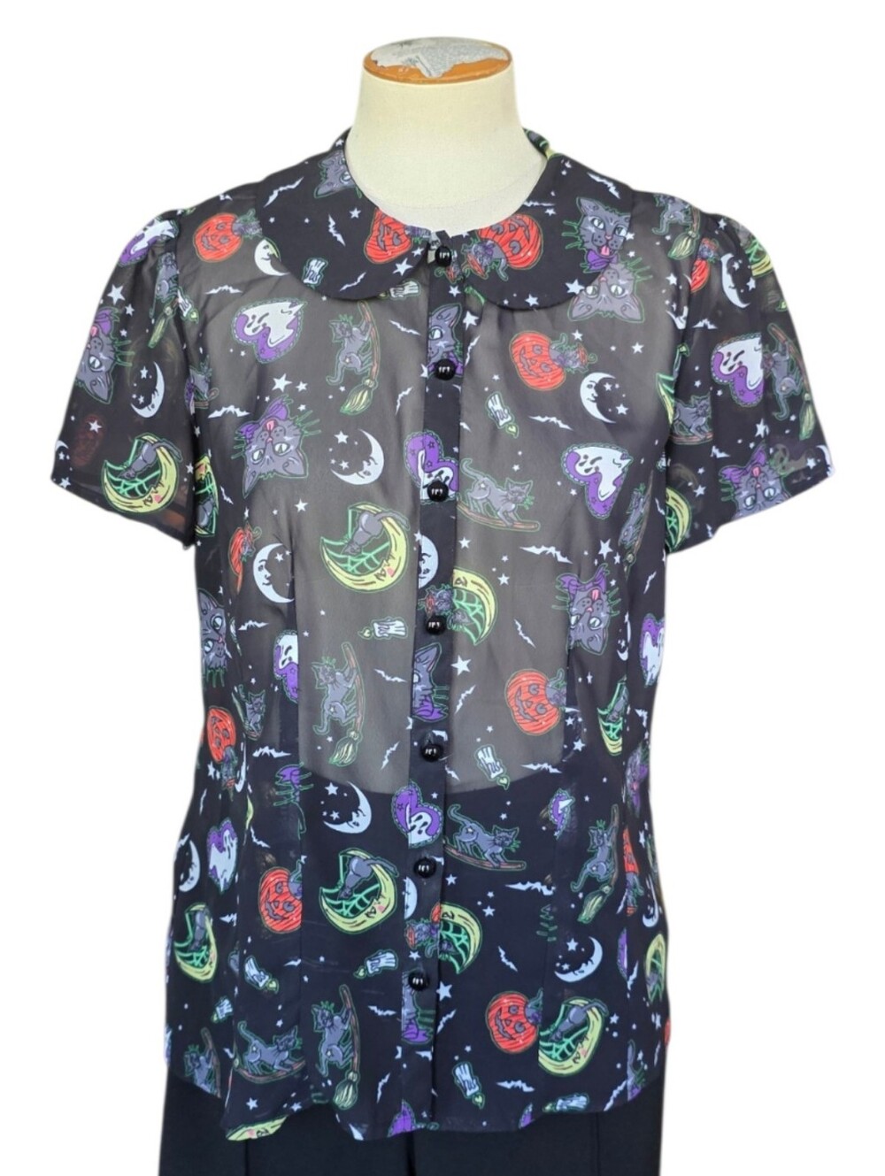 Hell Bunny Salem Halloween Sheer Cat Ghost Pumpkin Blouse Womens Size M - Picture 2 of 10